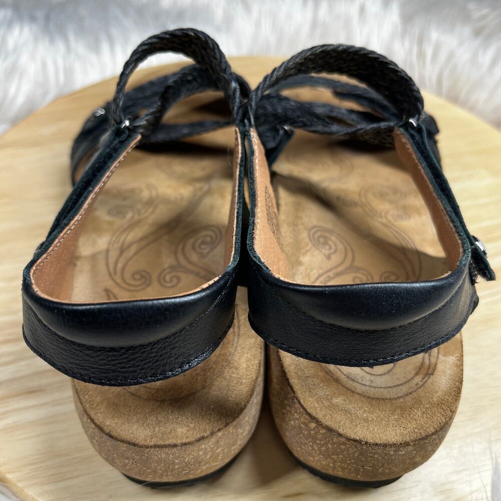 Taos Trulie Sandal Womens 9-9.5 (Eur 40) Strappy Black Woven Leather Cork Wedge - Picture 15 of 16